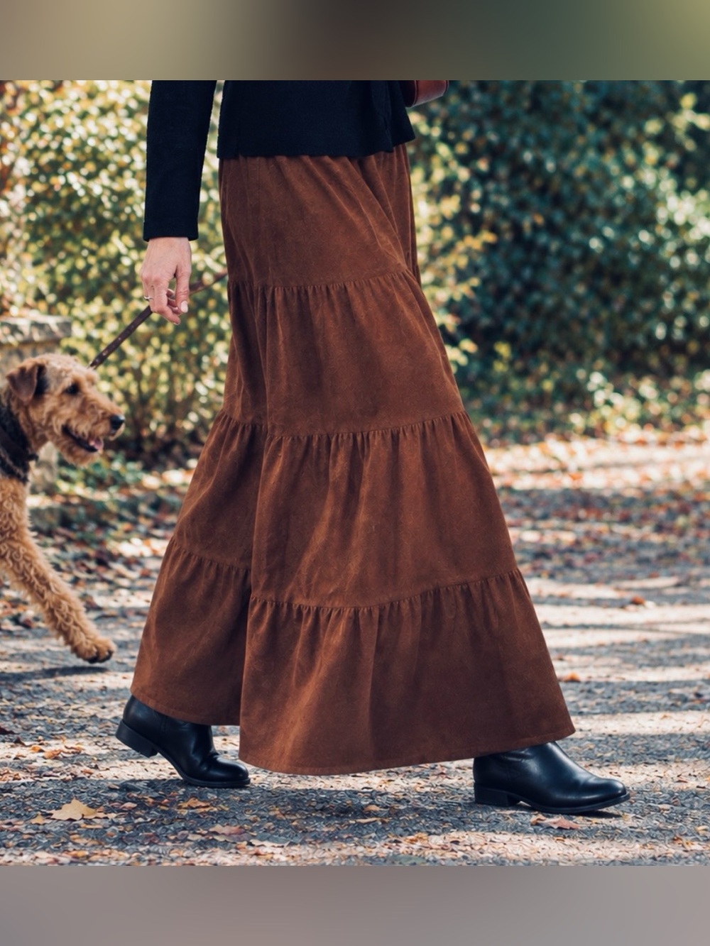 Vintage 1990s Faux Suede Tiered Maxi Skirt • Warm Brown • Romantic